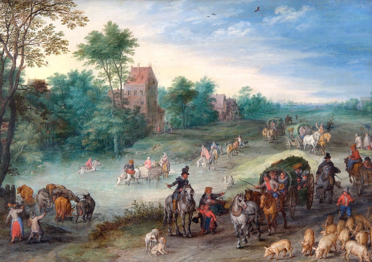 Matkustajat maatiellä karjan ja sikojen kanssa tekijältä Jan the Elder Brueghel