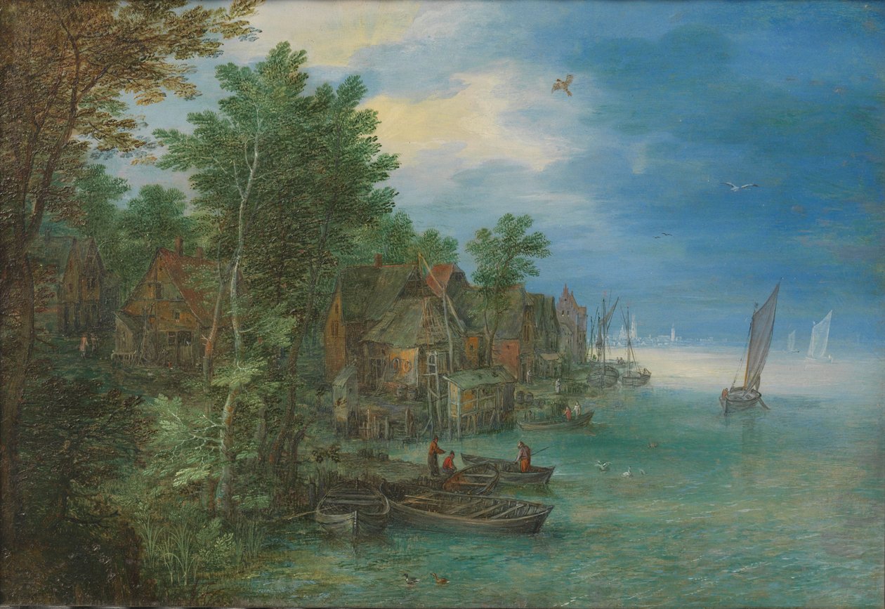 Näkymä kylään joen varrella tekijältä Jan the Elder Brueghel