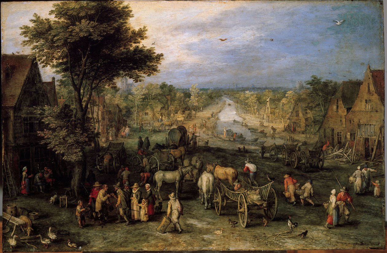 Kylä kärryineen (maalaus tekijältä Jan the Elder Brueghel