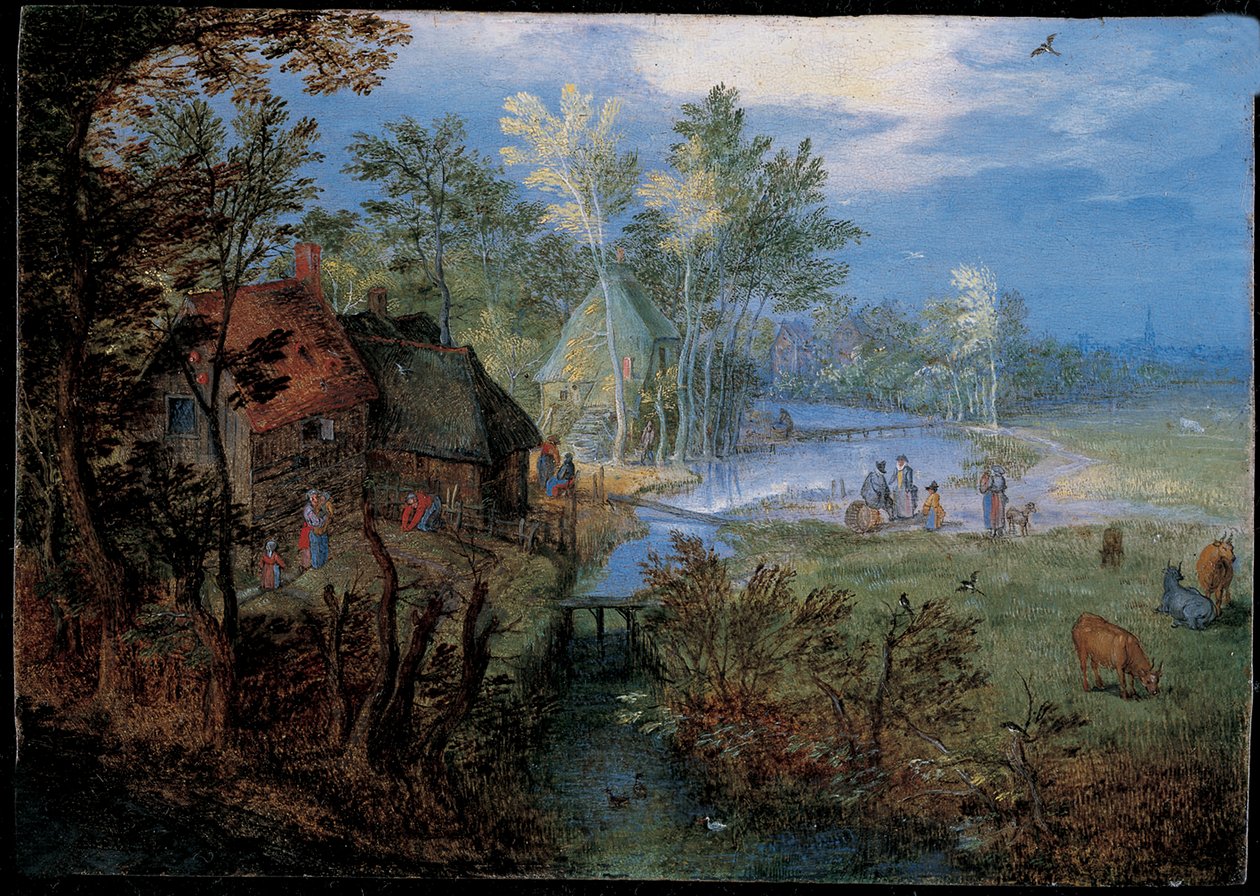 Kylä talonpoikien ja eläinten kanssa tekijältä Jan the Elder Brueghel