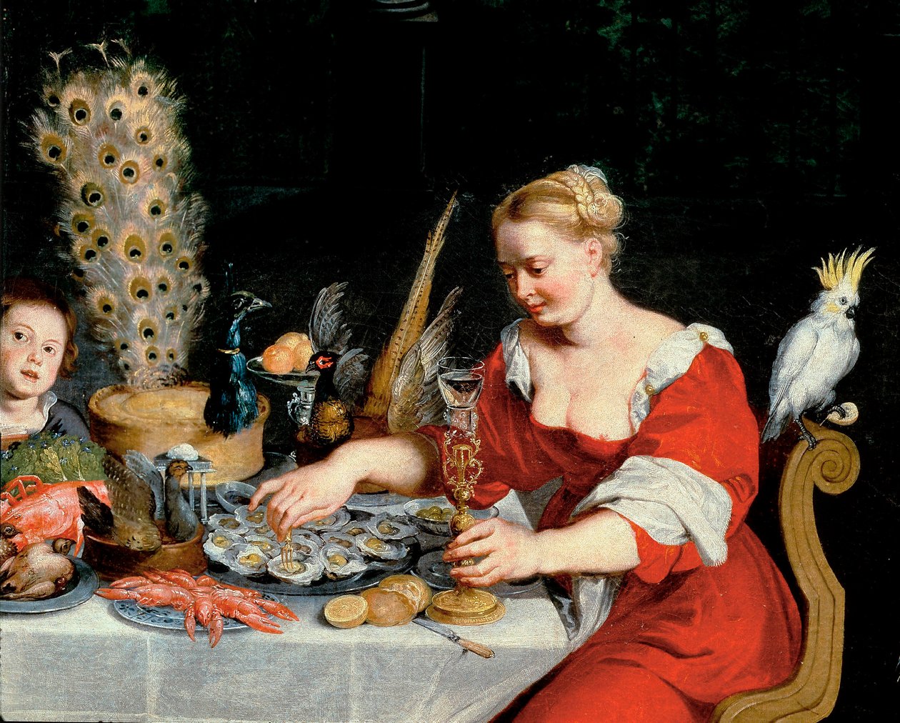Nainen syö ostereita, yksityiskohta neljän elementin allegoriasta tekijältä Jan the Elder Brueghel