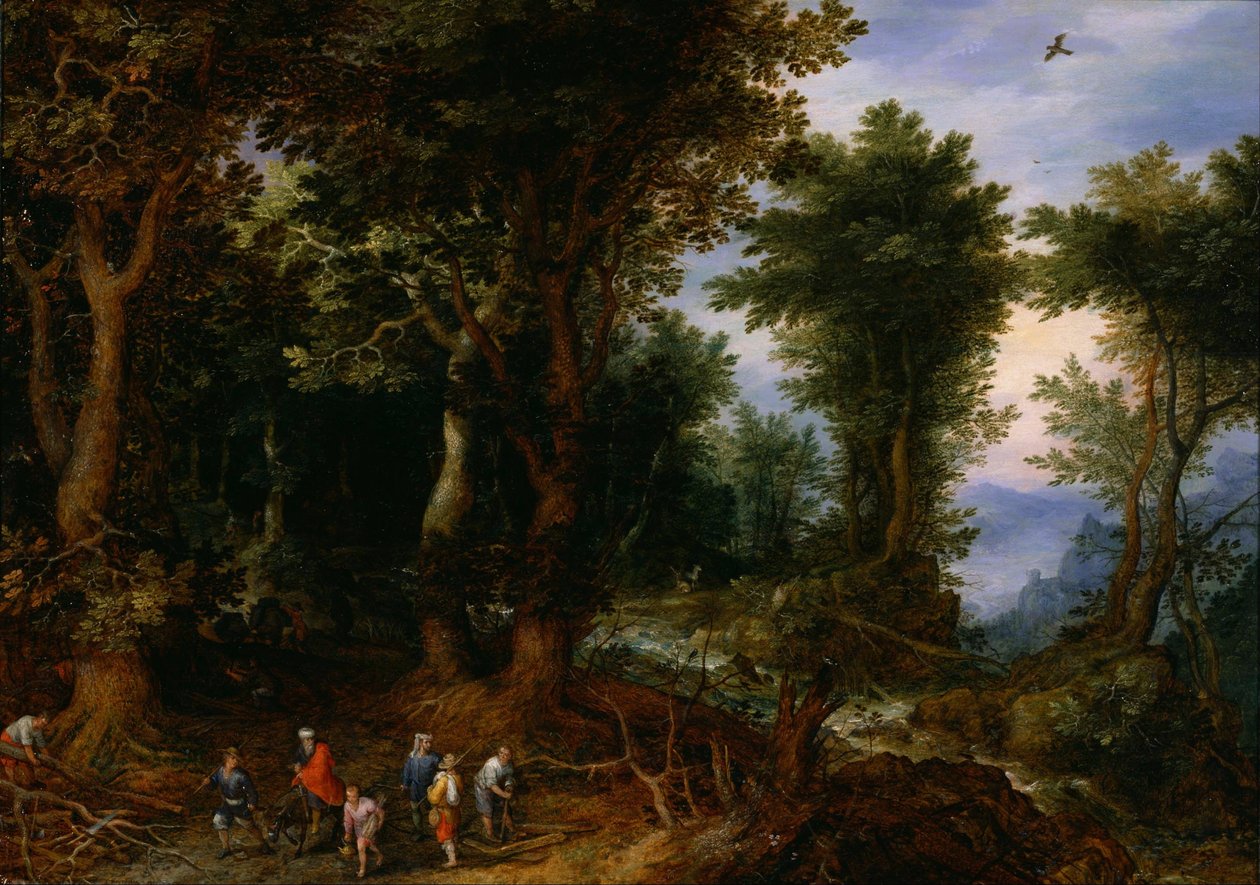 Metsäinen maisema Abrahamin ja Iisakin kanssa, 1599 tekijältä Jan the Elder Brueghel