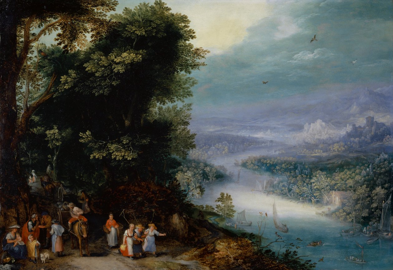 Metsäinen jokilaakso tiellä, n. 1602 tekijältä Jan the Elder Brueghel
