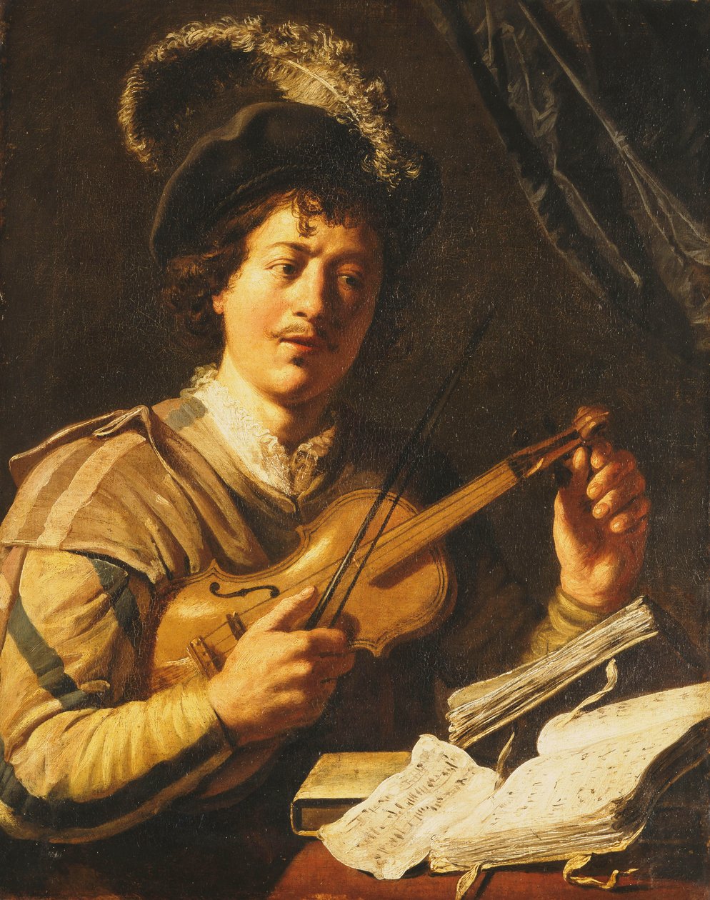 Nuori mies virittää viulua, n. 1623-5 tekijältä Jan the Elder Lievens