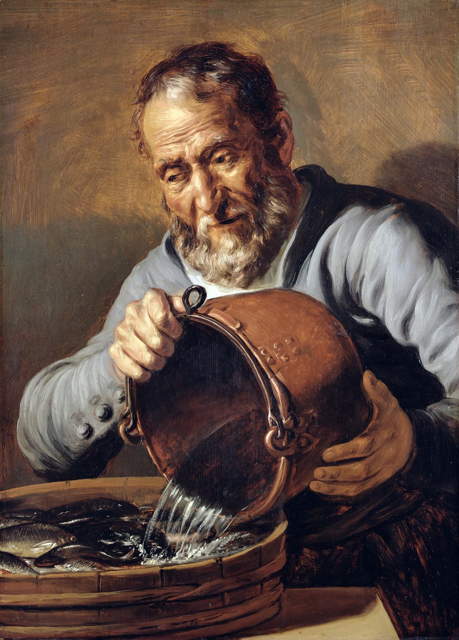Vesi ja vanhuus: Kalakauppias ämpärillä ja kalasäiliöllä, 1623-5 tekijältä Jan the Elder Lievens
