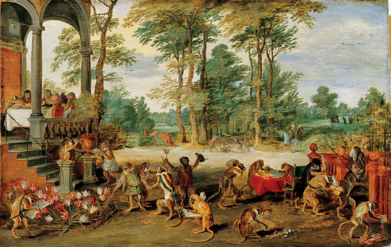 Tulppaanimanian satiiri, n. 1640 (öljy puulle) tekijältä Jan the Younger Brueghel