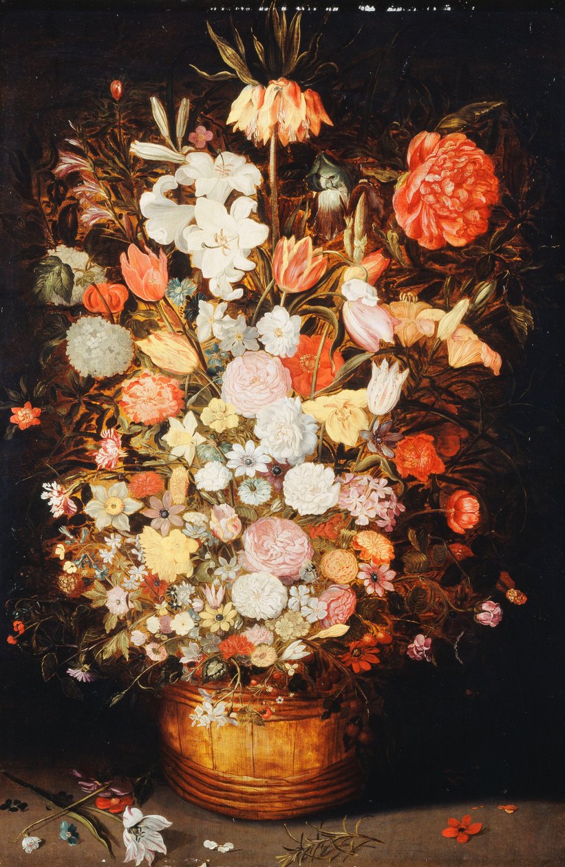 Kukkien asetelma puisessa kylpyammeessa, noin 1630-luku tekijältä Jan Brueghel the Younger