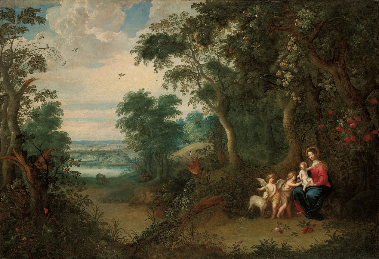 Metsäinen maisema, jossa on Neitsyt ja lapsi, pieni Johannes Kastaja ja enkeli tekijältä Jan Brueghel the Younger