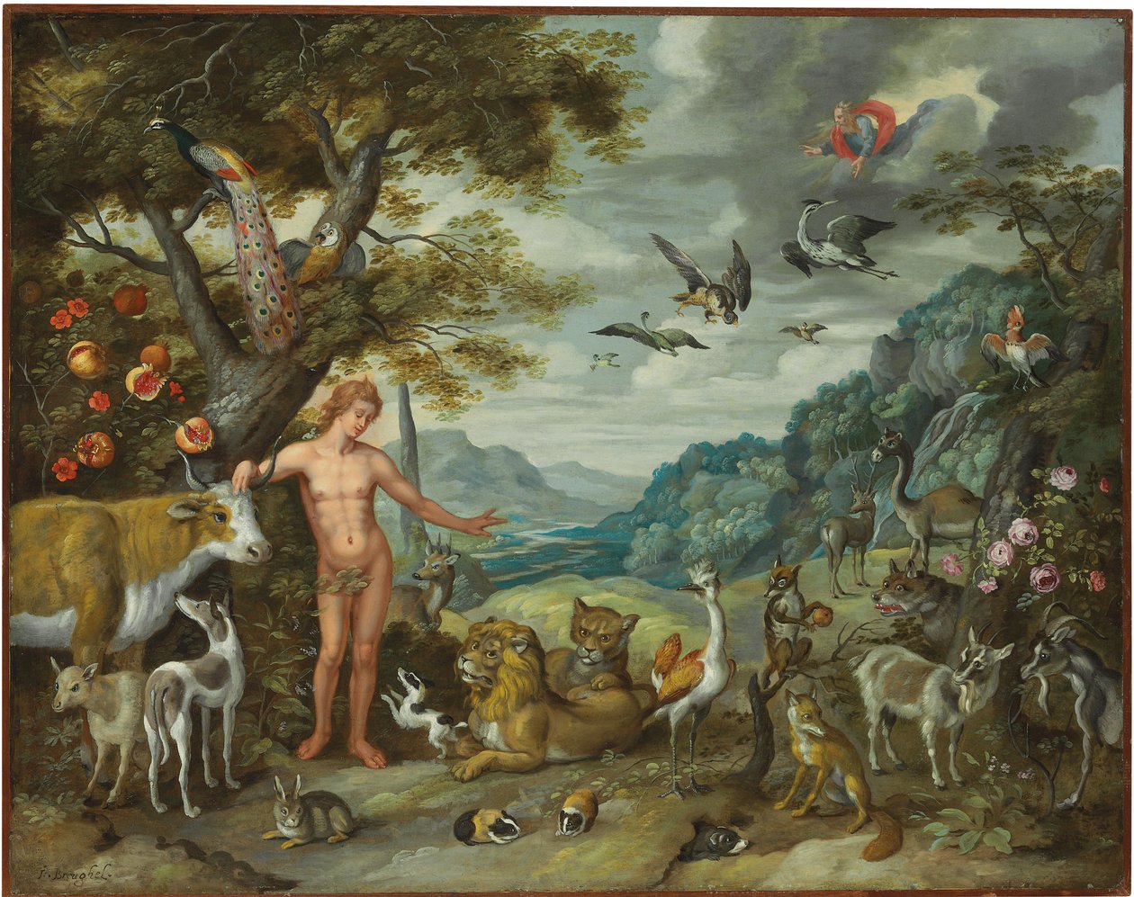 Adam nimeämässä eläimiä, Aadamin ja Eevan tarinasta tekijältä Jan Brueghel the Younger