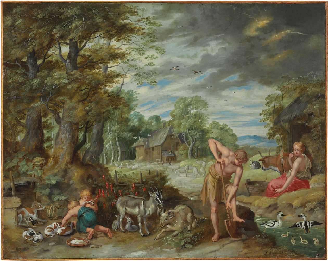 Adam töissä pellolla, Aadamin ja Eevan tarinasta tekijältä Jan Brueghel the Younger