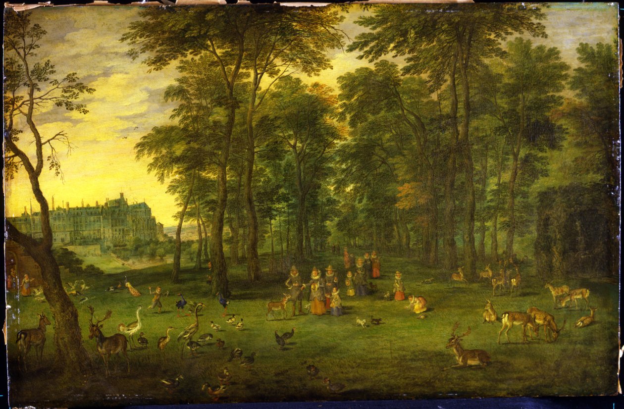 Itävallan arkkiherttua Albrecht VII ja arkkiherttuatar Isabella Clara Eugenia kävelemässä kuninkaallisen linnan puistossa Brysselissä, 1621 tekijältä Jan Brueghel the Younger