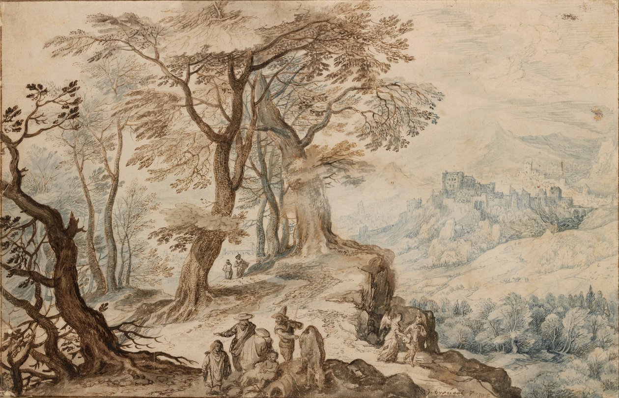 Maisema Tobiaksen (Tobie) ja enkelin kanssa - Peinture de Jan Brueghel nuorempi (1601-1678) - 1596 - Kynä, sivellin, ruskea väri, musta liitu, vesiväri paperille - 20,2x31,3 - Szepmuveszeti Muzeum, Budapest tekijältä Jan the Younger Brueghel