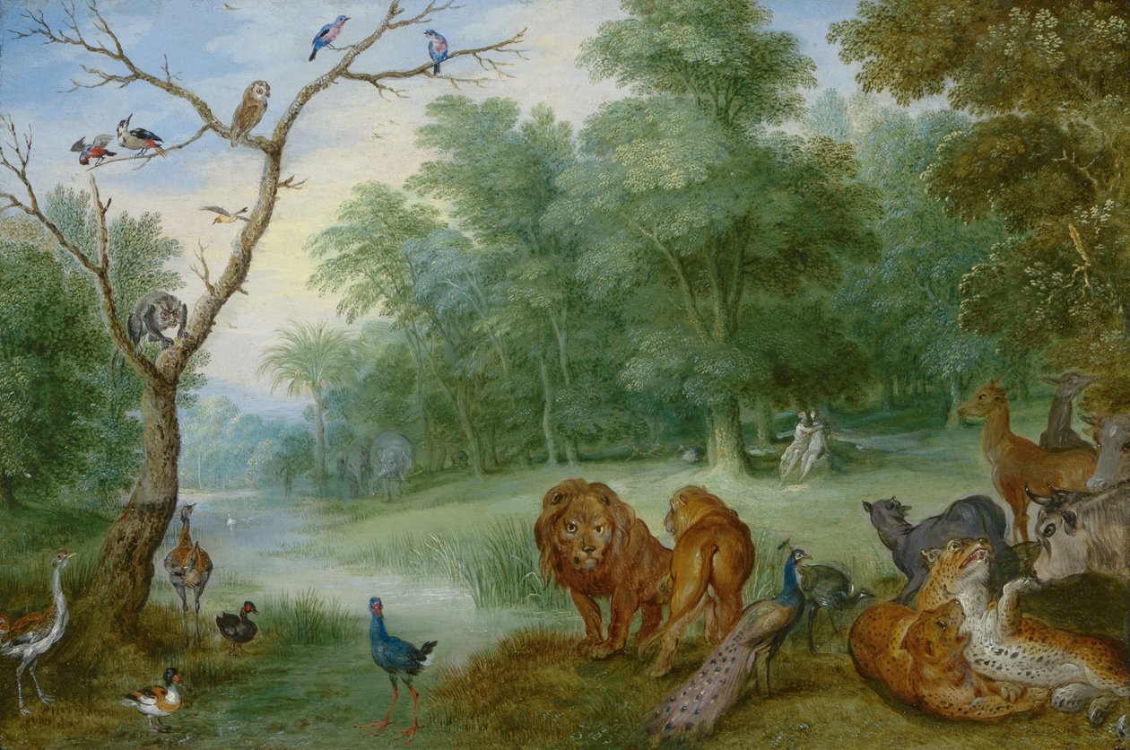 Paratiisi ihmisen lankeemuksella, n. 1630 (öljy kuparille paneelissa) tekijältä Jan Brueghel the Younger