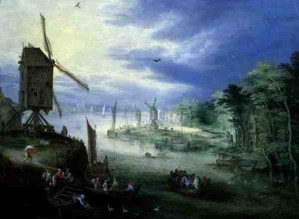 Jokimaisema tuulimyllyillä (öljy paneelissa) tekijältä Jan the Younger Brueghel
