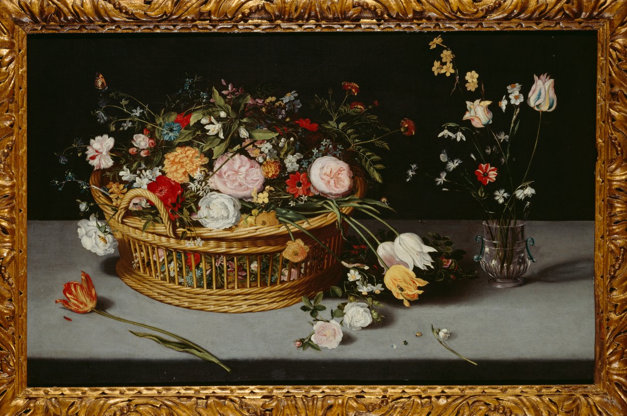 Asetelma kori ja kukkamaljakko (öljy kankaalle) tekijältä Jan the Younger Brueghel