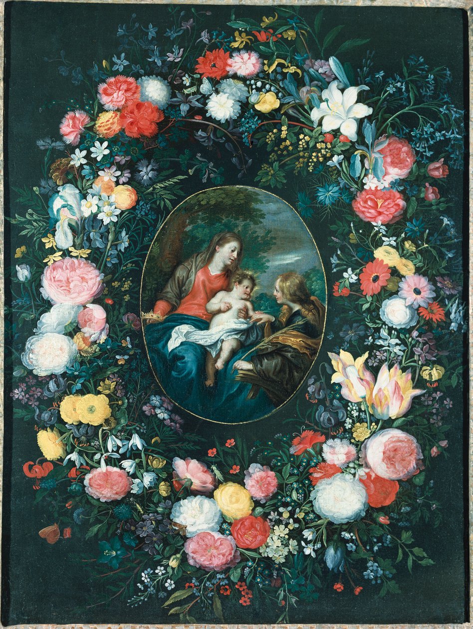 Pyhän Katariinan mystinen häät maisemassa, kukkien seppeleen ympäröimänä tekijältä Jan Brueghel the Younger
