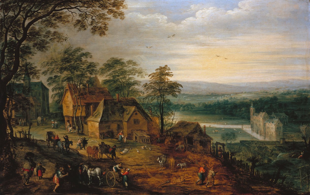 Kyläkatu hahmoineen ja kärryineen, taustalla vallihautainen linna tekijältä Jan Brueghel the Younger