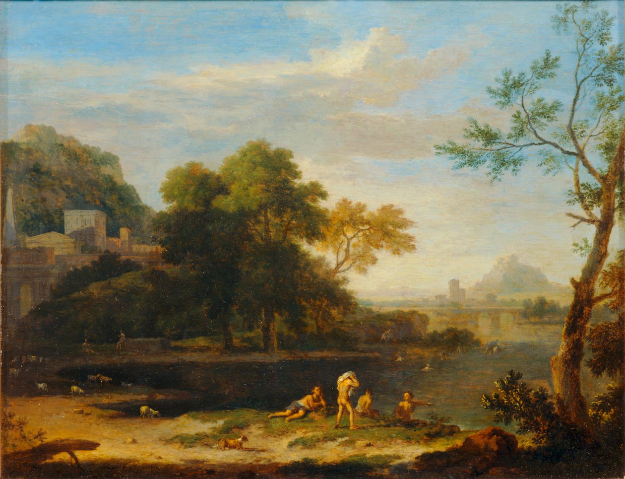 Paysage avec baigneurs - Maisema uimareiden kanssa ... tekijältä Jan van (follower of) Huysum