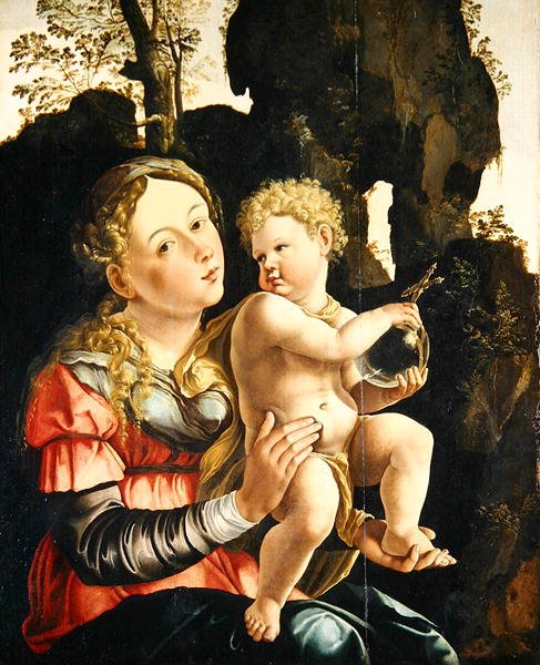 Madonna ja lapsi (öljy paneelille) tekijältä Jan van (studio of) Scorel