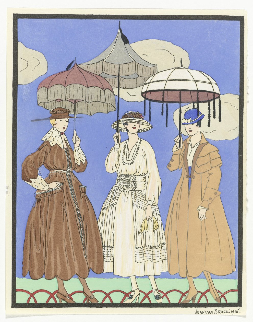 Kolme sateenvarjoa Kolme naista sateenvarjoilla, 1916 tekijältä Jan van Brock