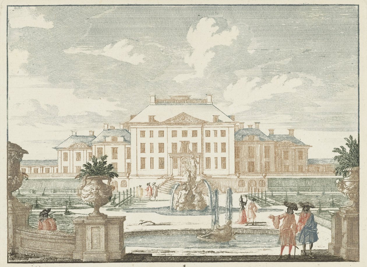 Näkymä Paleis Het Loon takaa Lue Gesichte van het Famous Loo muina kuninkaallisina taloina (sarjan nimi) Admirandorum quadruplex spectaculum (sarjan nimi) tekijältä Jan van Call (I)