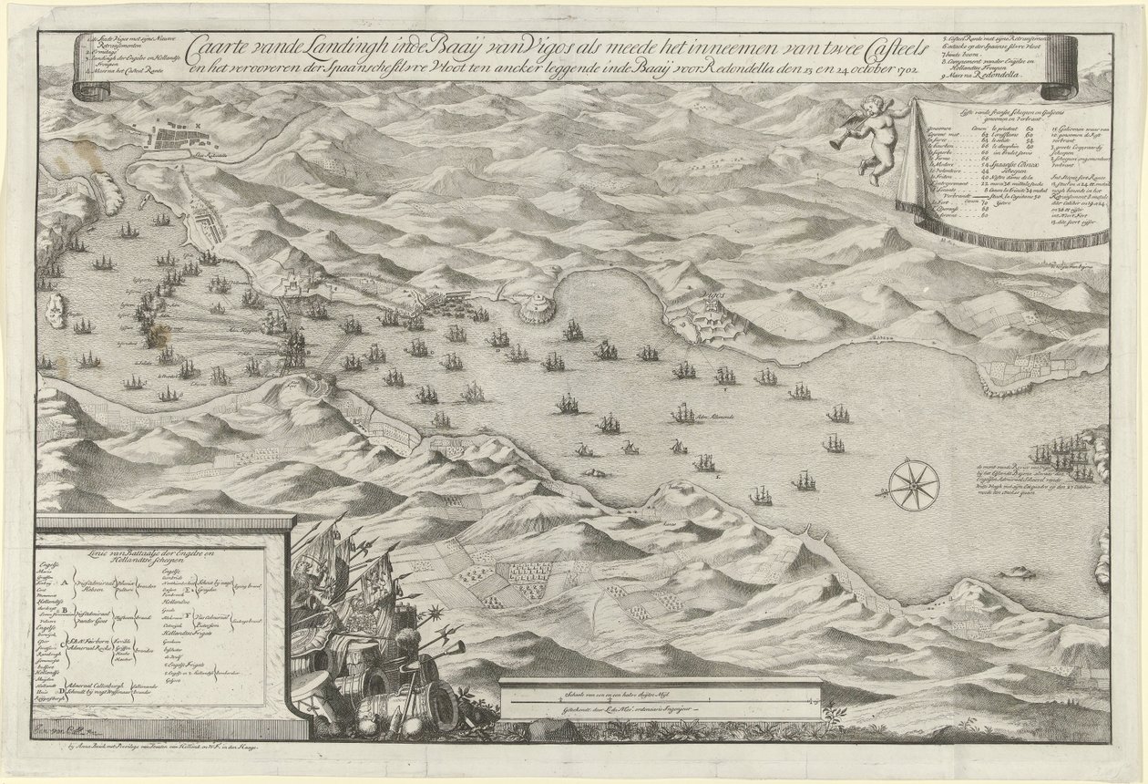 Lahden taistelu Vigossa ja Espanjan hopealaivaston valtaus, 1702 Caarte vande Landingh Vigosin lahdella osana kahden Casteelin vangitsemista ja Baayssa ankkuroidun Espanjan hopealaivaston vangitsemista Redondella denin puolesta tekijältä Jan van Call (I)