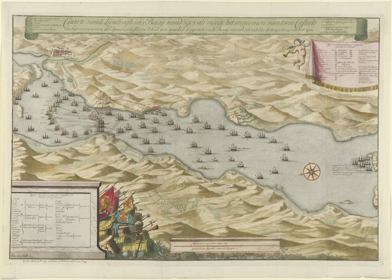 Lahden taistelu Vigossa ja Espanjan hopealaivaston valtaus, 1702 Caarte vande Landingh Vigosin lahdella osana kahden Casteelin vangitsemista ja Baayssa ankkuroidun Espanjan hopealaivaston vangitsemista Redondella denin puolesta tekijältä Jan van Call (I)