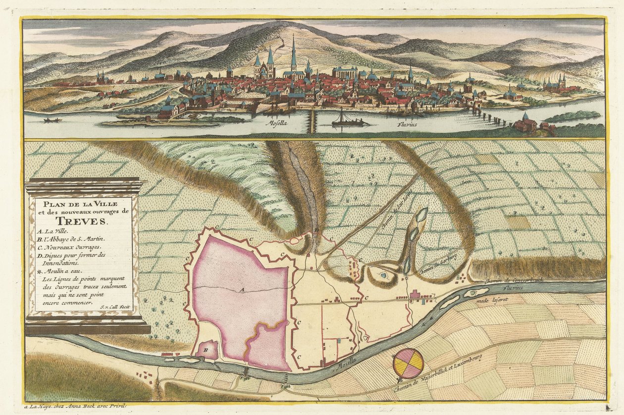 Trierin kartta, 1704 Plan de la Ville et: Chateau: de Traarbach (otsikko esineessä) tekijältä Jan van Call (II)