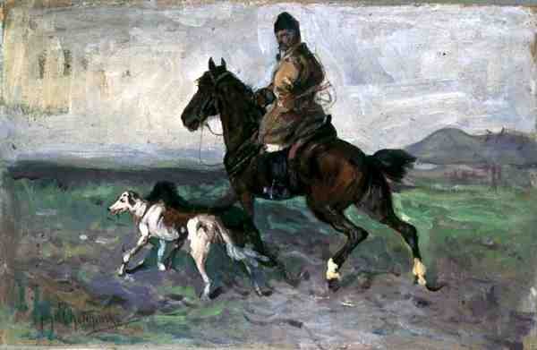 Ratsastaja vinttikoirien kanssa, n. 1890 (öljy aluksella) tekijältä Jan van Chelminski