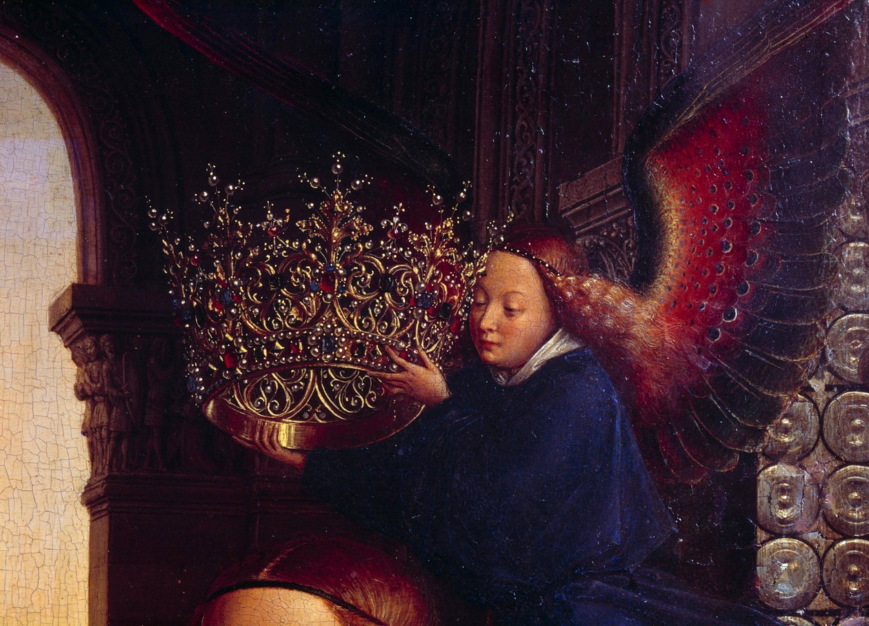 Enkeli kruunaa Neitsyt. Yksityiskohta "" Kansleri Rolinin neitsyt"" Nicolas Rolin (1376-1461) oli Burgundin liittokansleri Philippe Le Bonin johdolla ja Hospices de Beaunen perustaja vuonna 1443. Jan van Eyckin (1390-1441) maalaus tekijältä Jan van Eyck