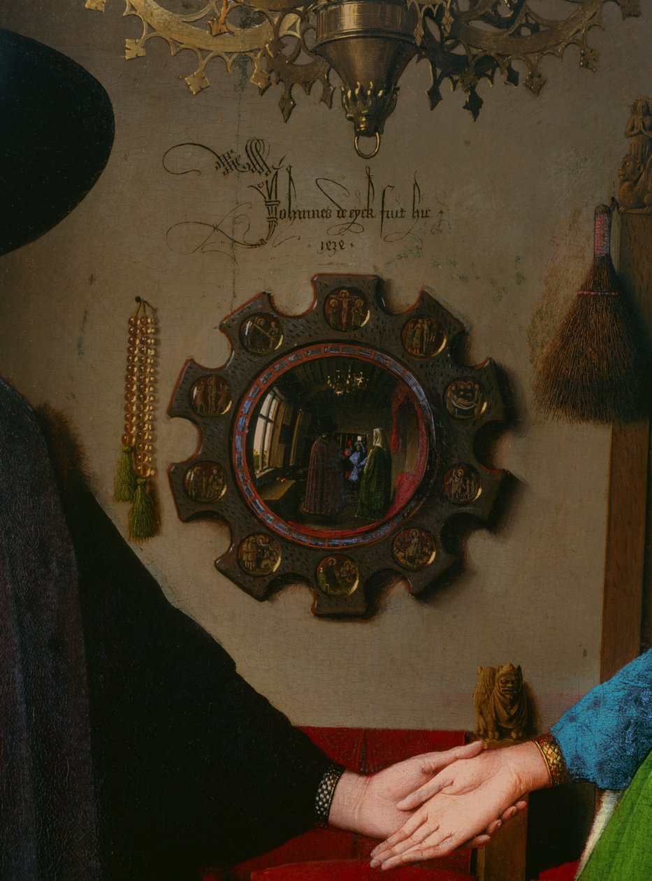 Arnolfini Avioliitto, yksityiskohta peilistä, 1434 öljy paneelille tekijältä Jan van Eyck