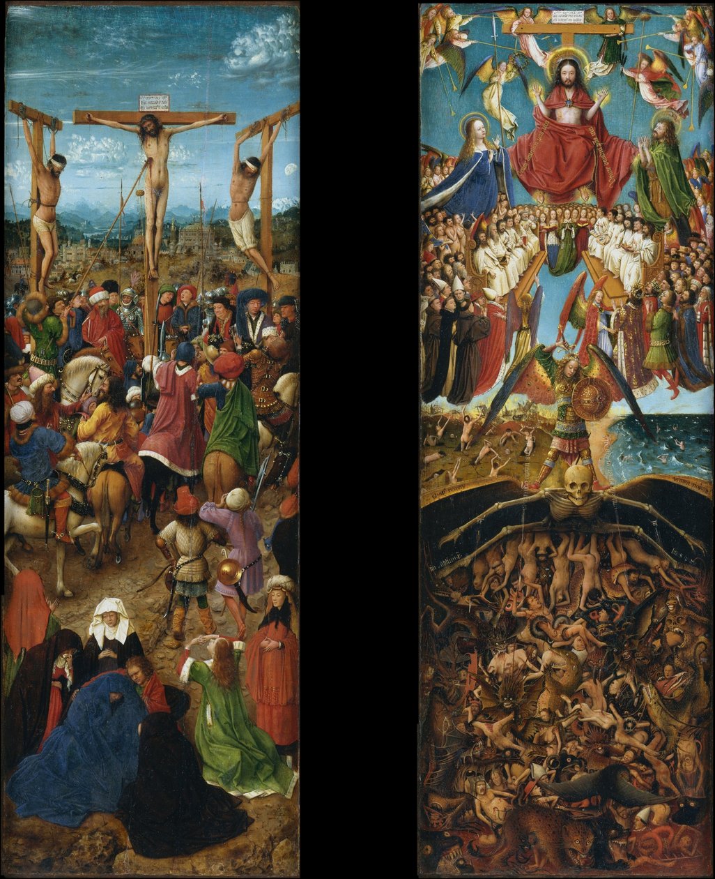 Jeesuksen ristiinnaulitseminen; tuomiopäivä tekijältä Jan van Eyck
