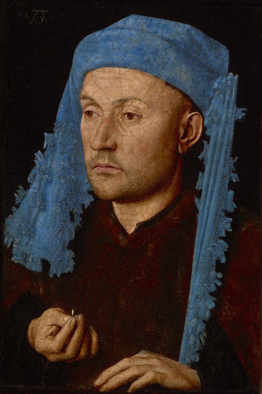 Hollanti: Portret van onbekende een man met blauwe kaproen Mies sinisessä lippiksessä / Mies sormuksen kanssa / Portrait of an unknown man with a blue cap / Muotokuva tuntemattomasta miehestä sinisessä lippiksessä. tekijältä Jan van Eyck