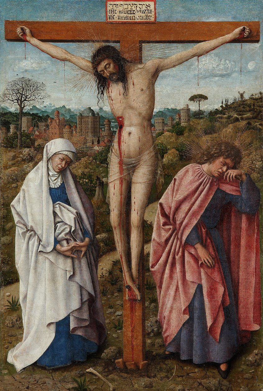 Saksa: Die Kreuzigung Christi Kristus ristillä Neitsyt Marian ja Johanneksen kanssa tekijältä Jan van Eyck