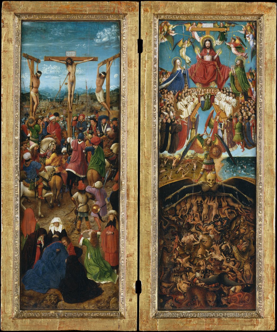 Ristiinnaulitseminen; Viimeinen tuomio, n. 1440-1441 (öljy kankaalle siirretty puusta) tekijältä Jan van Eyck