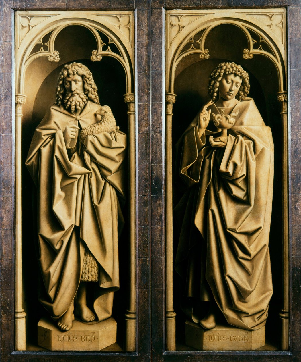 Gentin alttaritaulu. Mystisen Karitsan palvonta: Johannes Kastaja ja Johannes Evankelista, 1432. tekijältä Jan van Eyck