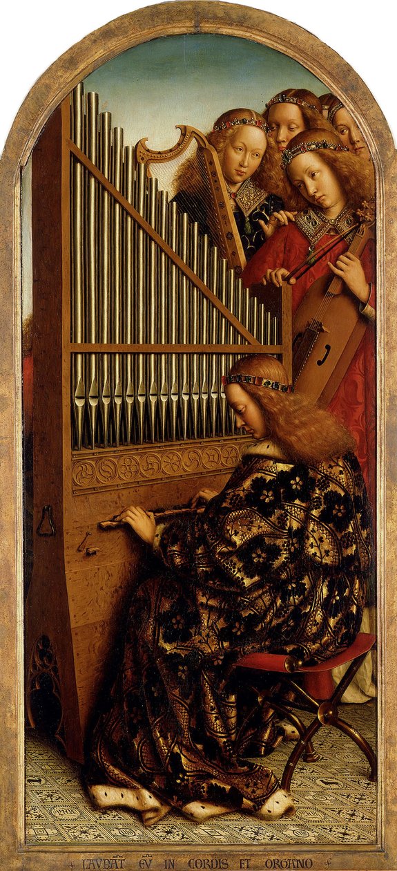 Gentin alttaritaulu. Mystisen karitsan palvonta: Musiikkia tekevät enkelit, 1432. tekijältä Jan van Eyck