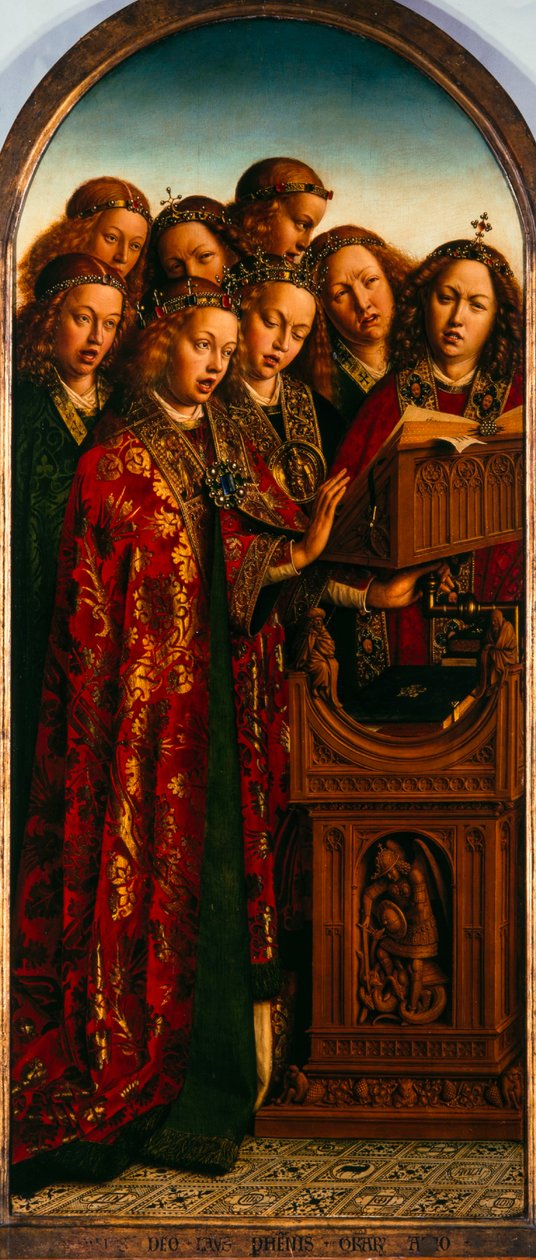 Gentin alttaritaulu. Mystisen Karitsan palvonta: Laulavat enkelit, 1432. tekijältä Jan van Eyck