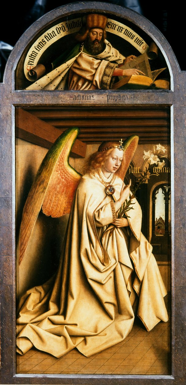 Gentin alttaritaulu. Mystisen Karitsan palvonta: Arkkienkeli Gabriel, 1432. tekijältä Jan van Eyck