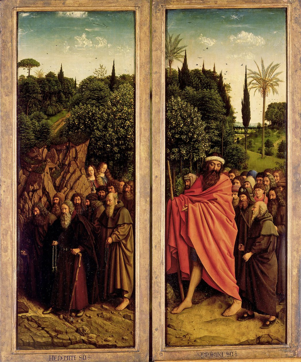 Gentin alttaritaulu. Mystisen Karitsan palvonta: Pyhät erakot ja pyhiinvaeltajat, 1432. tekijältä Jan van Eyck