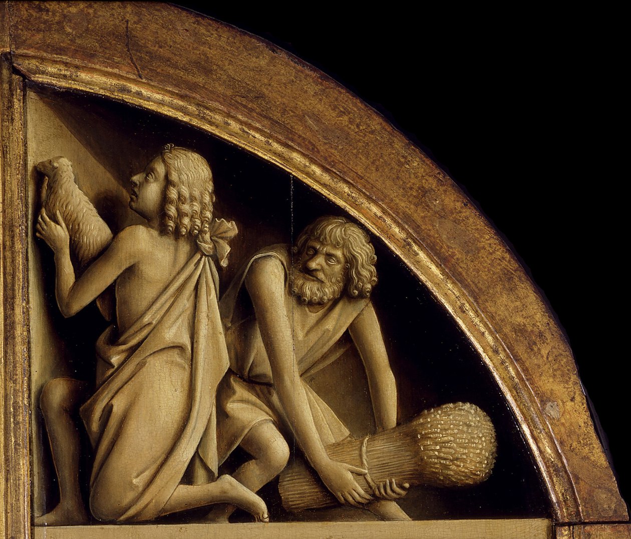 Gentin alttaritaulu. Mystisen Karitsan palvonta: Kainin ja Abelin uhri, 1432. tekijältä Jan van Eyck