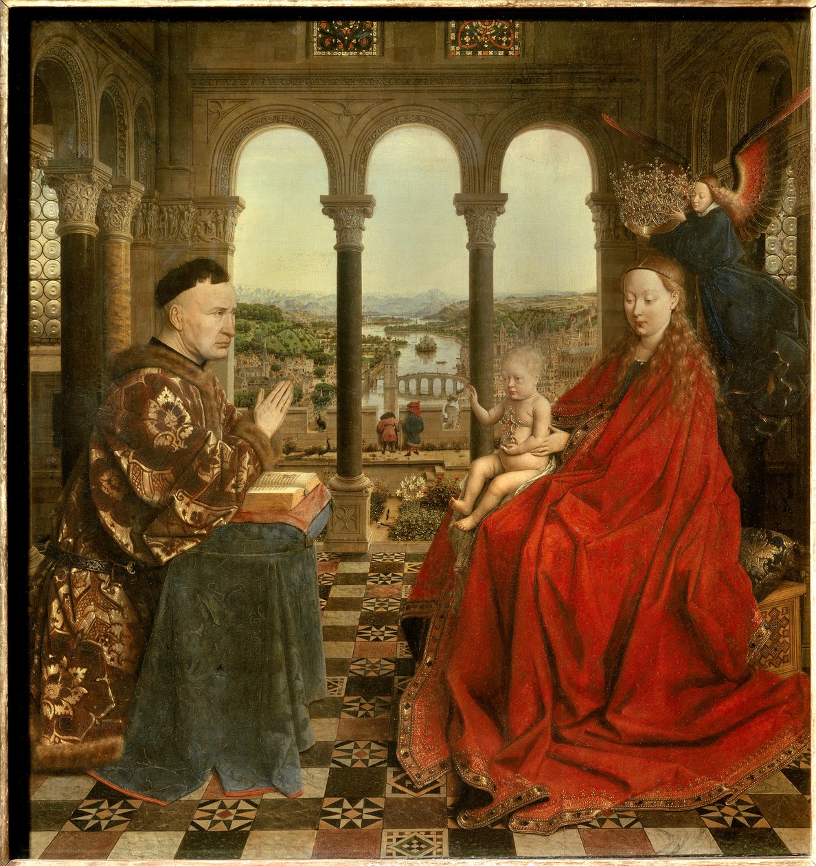 Kansleri Rolinin neitsyt Nicolas Rolin (1376-1461) oli Burgundin liittokansleri Philippe Le Bonin johdolla ja Hospices de Beaunen perustaja vuonna 1443. Jan van Eyckin (1390-1441) maalaus. 1500-luvun aurinko. 0,66x0,62 m Pariisi, - Kansleri R:n neitsyt tekijältä Jan van Eyck