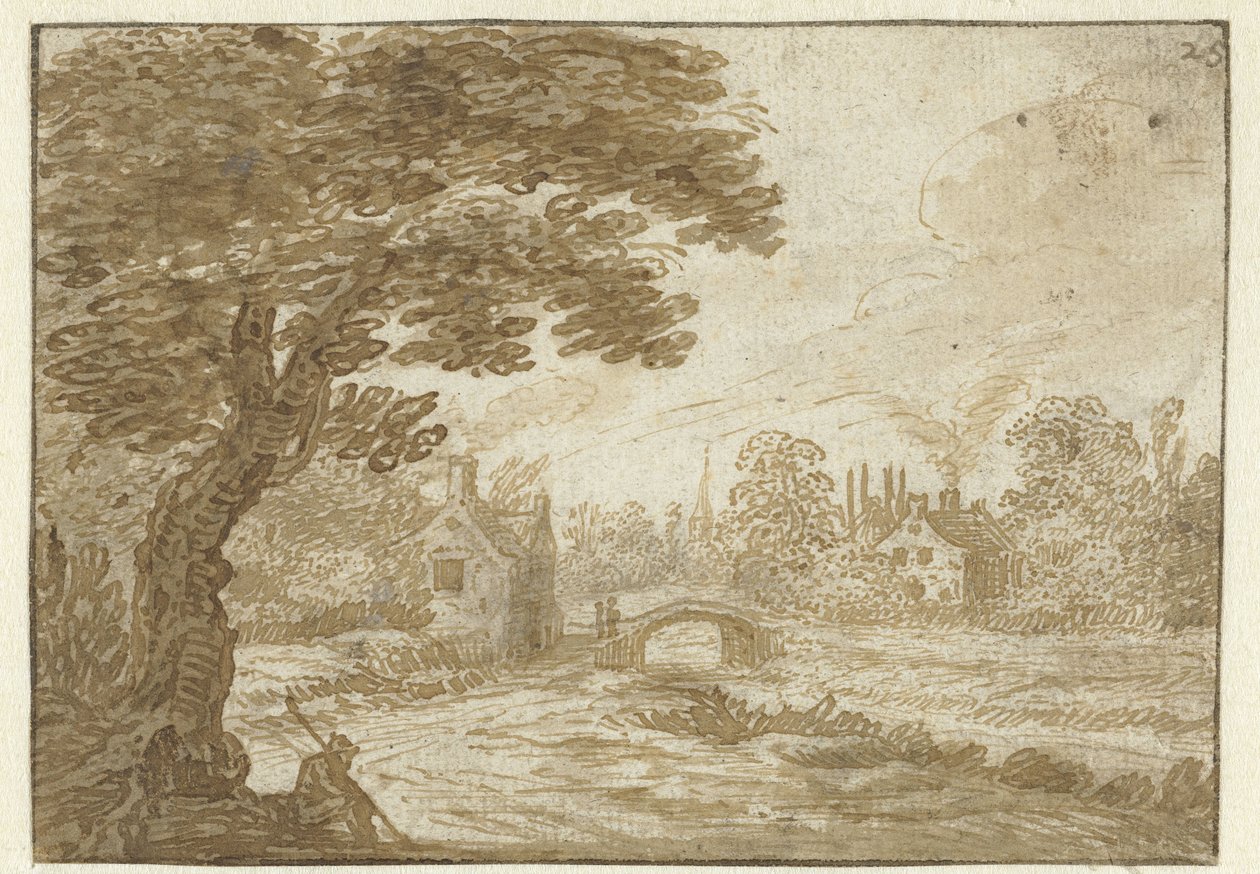 Maisema taloja ja siltaa tekijältä Jan van Goyen (possibly)