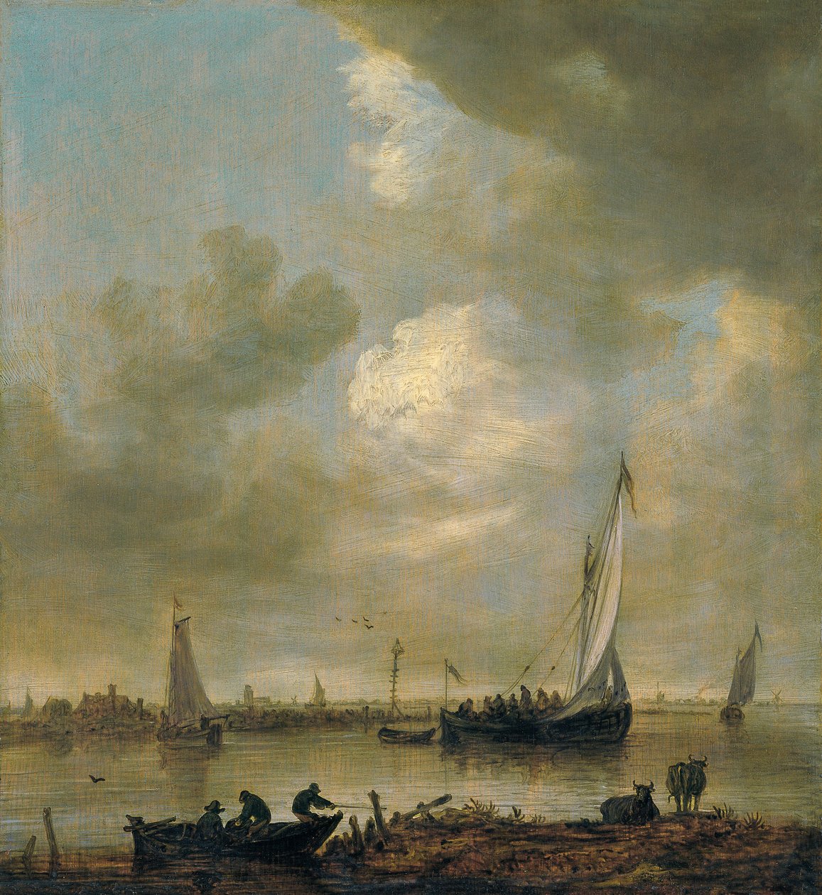 Jokisuisto, jossa on "Smalschips" , kalastajia ja karjan juottamista tekijältä Jan van Goyen