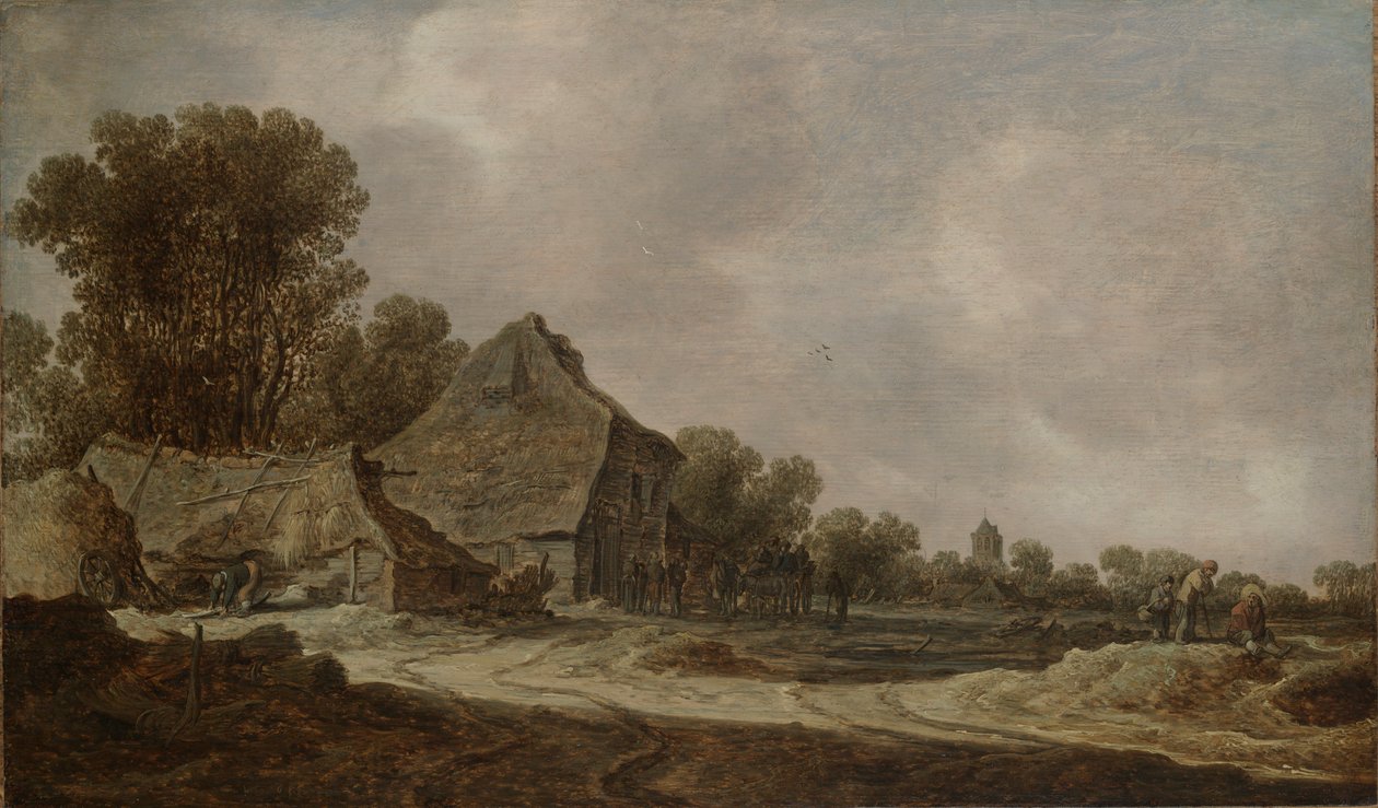 Hiekkainen tie olkikattoisilla mökeillä tekijältä Jan van Goyen