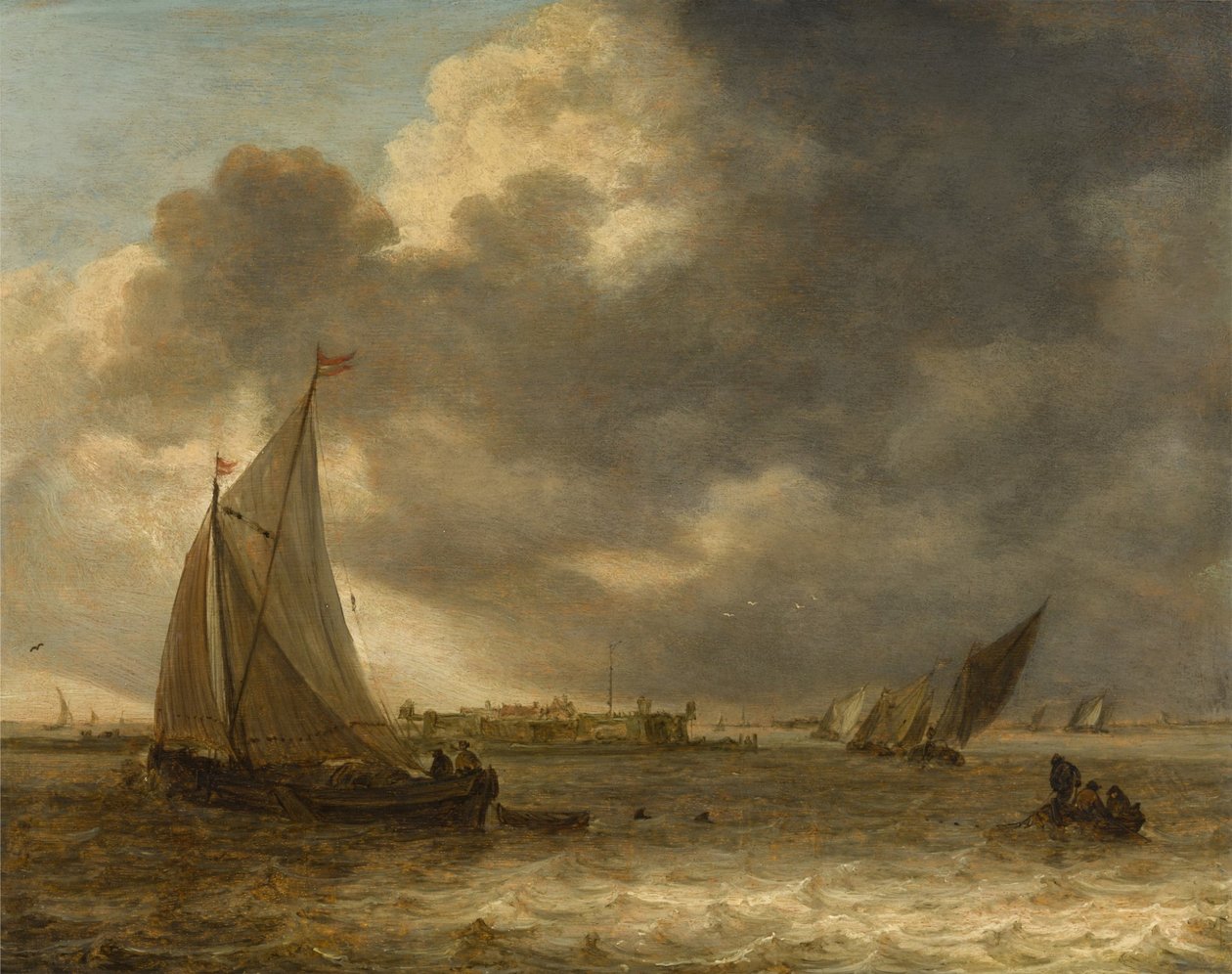 Jokimaisema, jossa on purjealuksia tekijältä Jan van Goyen