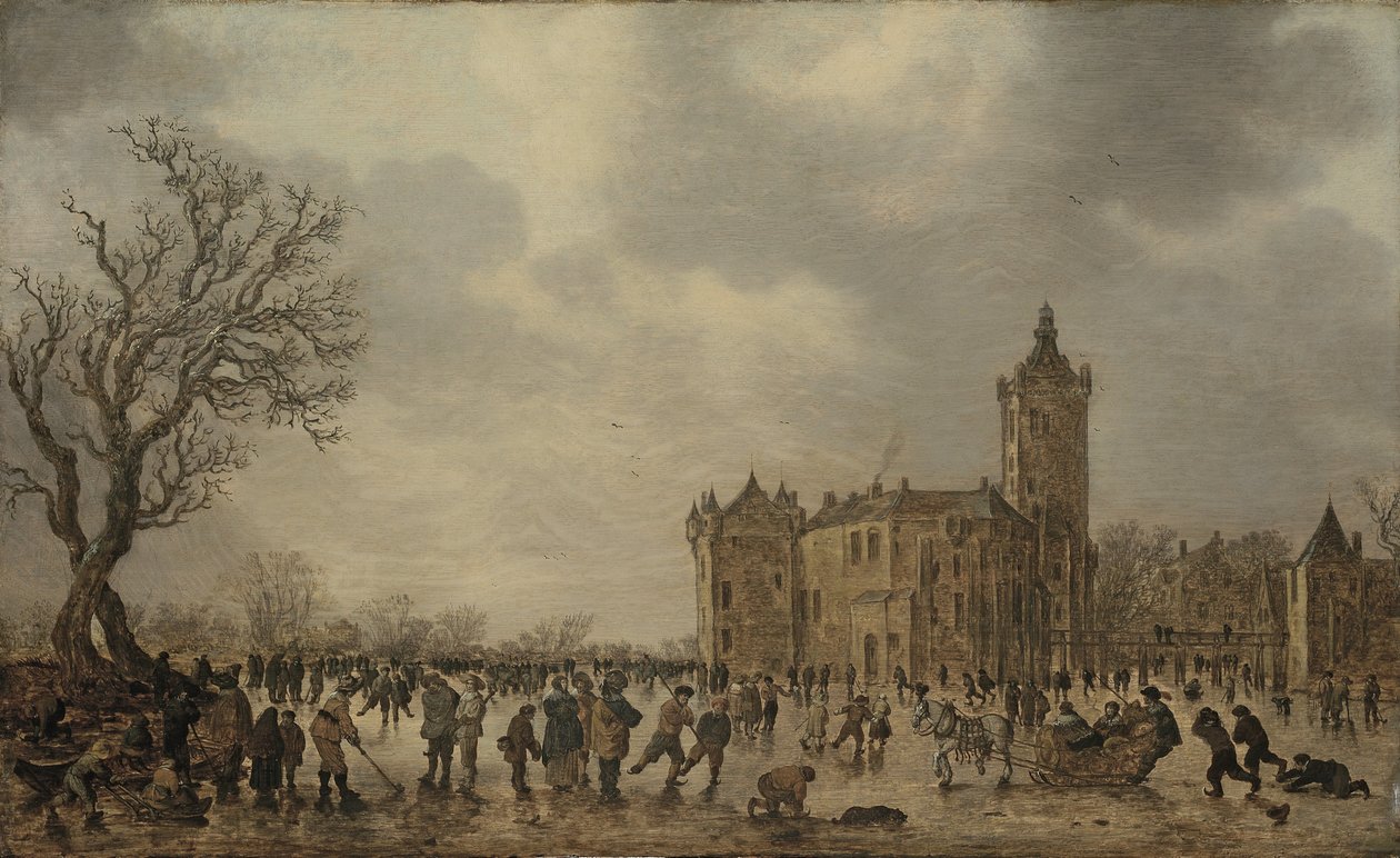 Talvimaisema, jossa hahmot laskeutuvat jäälle Montfoortin linnan luona. tekijältä Jan van Goyen