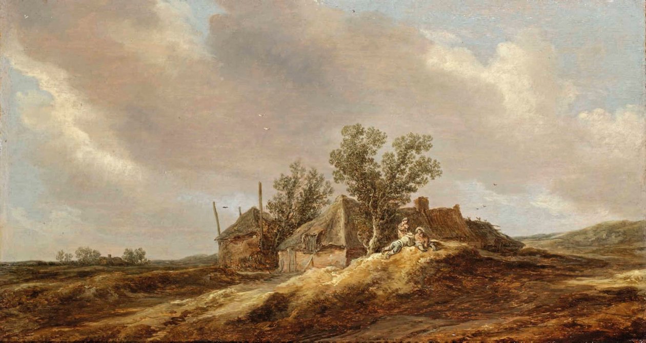 Laaja dyynimaisema, jossa talonpojat lepäävät maalaistalon edessä. tekijältä Jan van Goyen