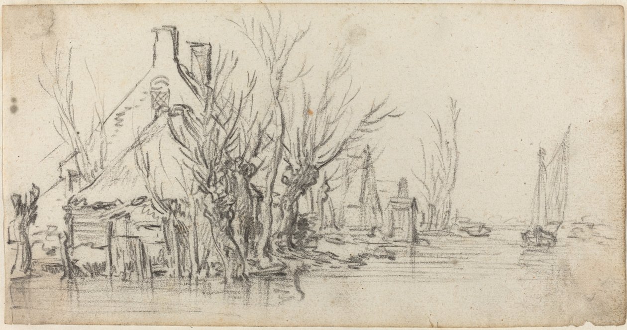 Mökkejä joen rannalla tekijältä Jan van Goyen