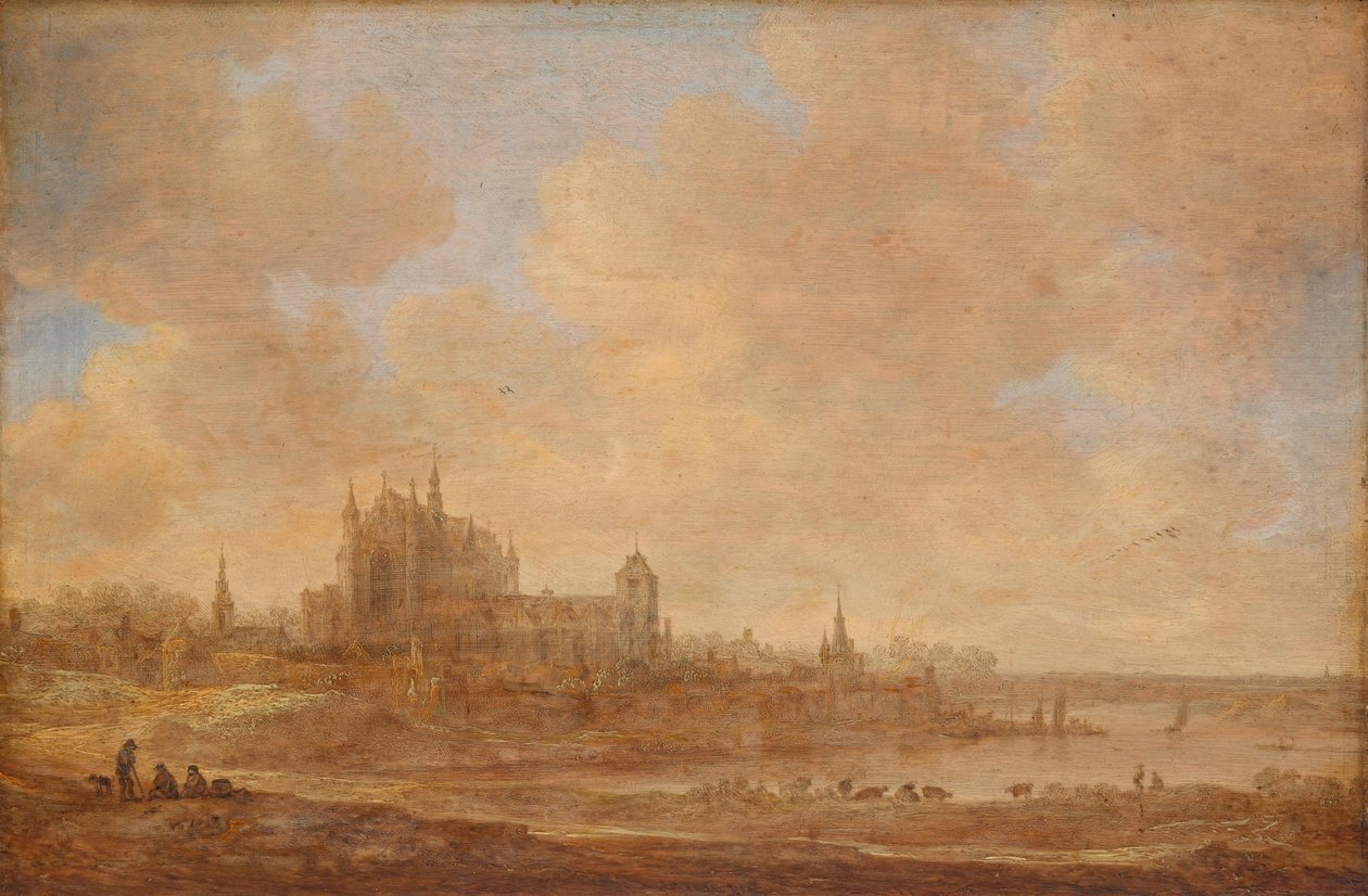 Jokimaisema ja Leidenin Hooglandse Kerk tekijältä Jan van Goyen